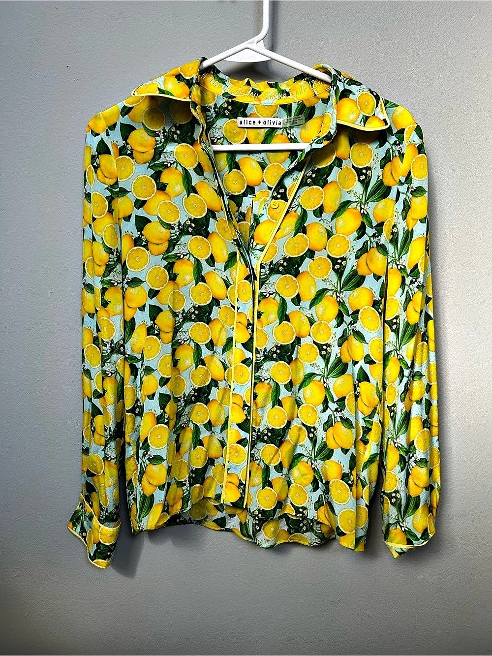 alice + olivia Willa Lemon Squeeze Silk Shirt Yellow & Green XS